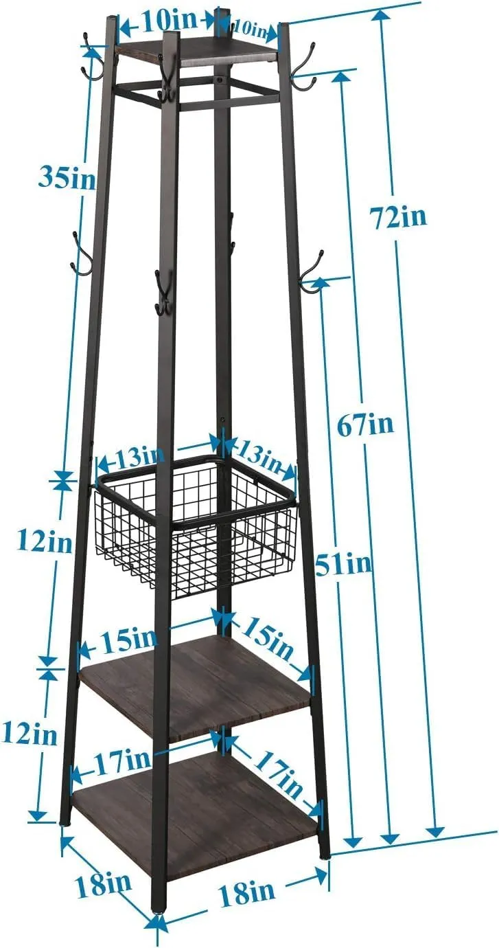 VECELO Coat Rack Freestanding,Hall Tree with Metal Basket and Storage Shelves,Industrial Coat Stand with 8 Hooks for Hanging Coats/Hats/Bags/Umbrellas,18 x 18 x 72 In,Antique Brown
