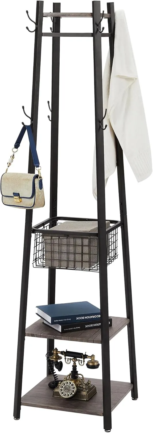 VECELO Coat Rack Freestanding,Hall Tree with Metal Basket and Storage Shelves,Industrial Coat Stand with 8 Hooks for Hanging Coats/Hats/Bags/Umbrellas,18 x 18 x 72 In,Antique Brown