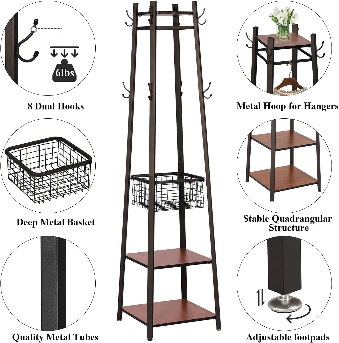 VECELO Coat Rack Freestanding,Hall Tree with Metal Basket and Storage Shelves,Industrial Coat Stand with 8 Hooks for Hanging Coats/Hats/Bags/Umbrellas,18 x 18 x 72 In,Antique Brown