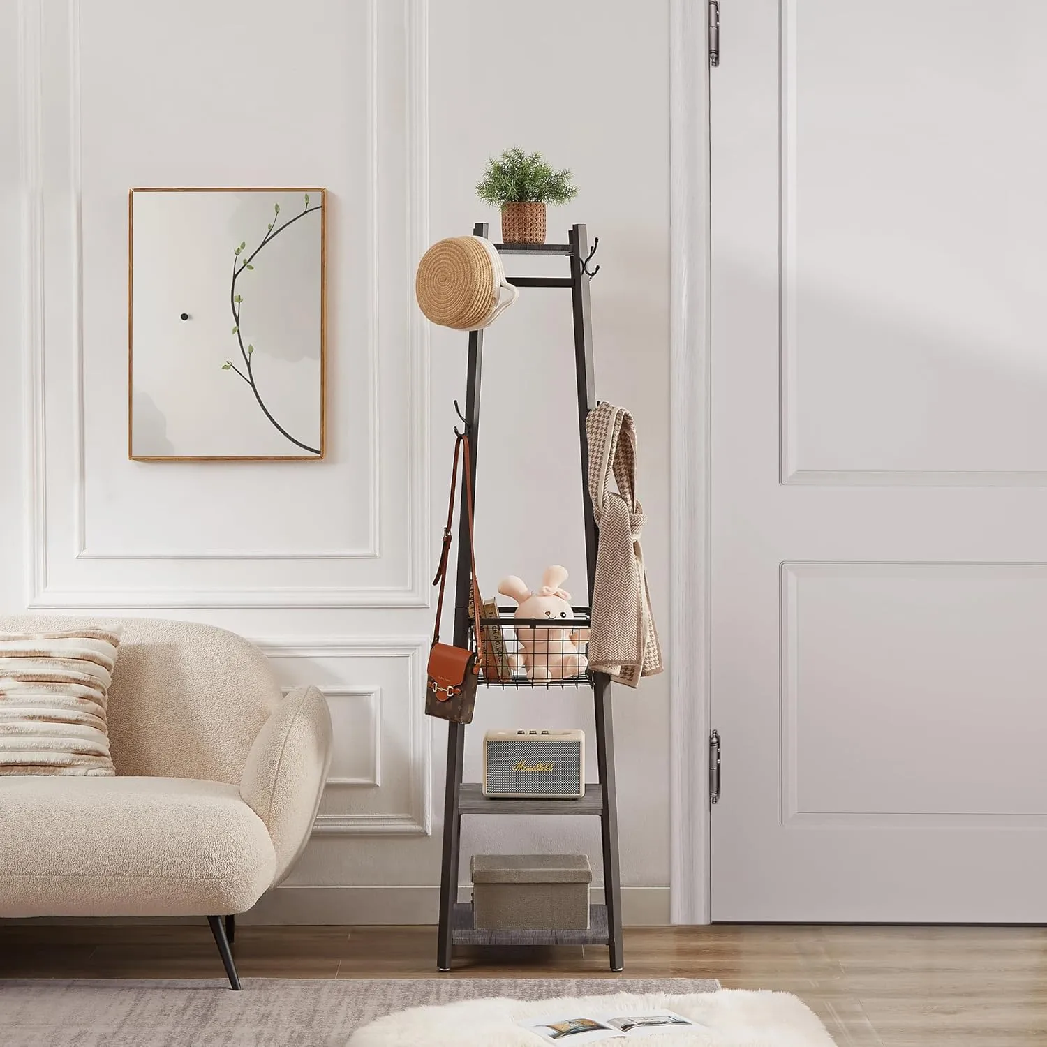 VECELO Coat Rack Freestanding,Hall Tree with Metal Basket and Storage Shelves,Industrial Coat Stand with 8 Hooks for Hanging Coats/Hats/Bags/Umbrellas,18 x 18 x 72 In,Antique Brown