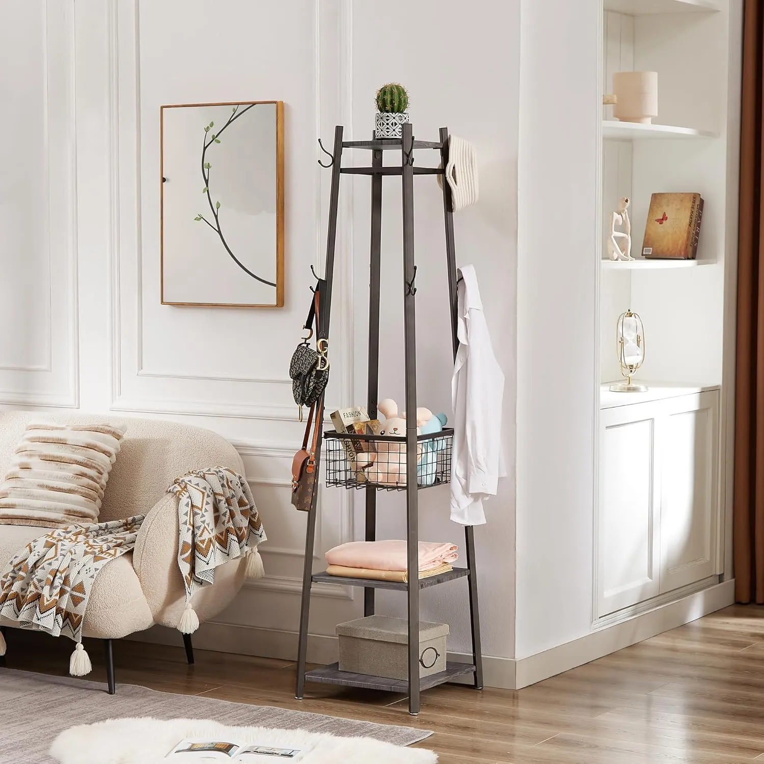 VECELO Coat Rack Freestanding,Hall Tree with Metal Basket and Storage Shelves,Industrial Coat Stand with 8 Hooks for Hanging Coats/Hats/Bags/Umbrellas,18 x 18 x 72 In,Antique Brown