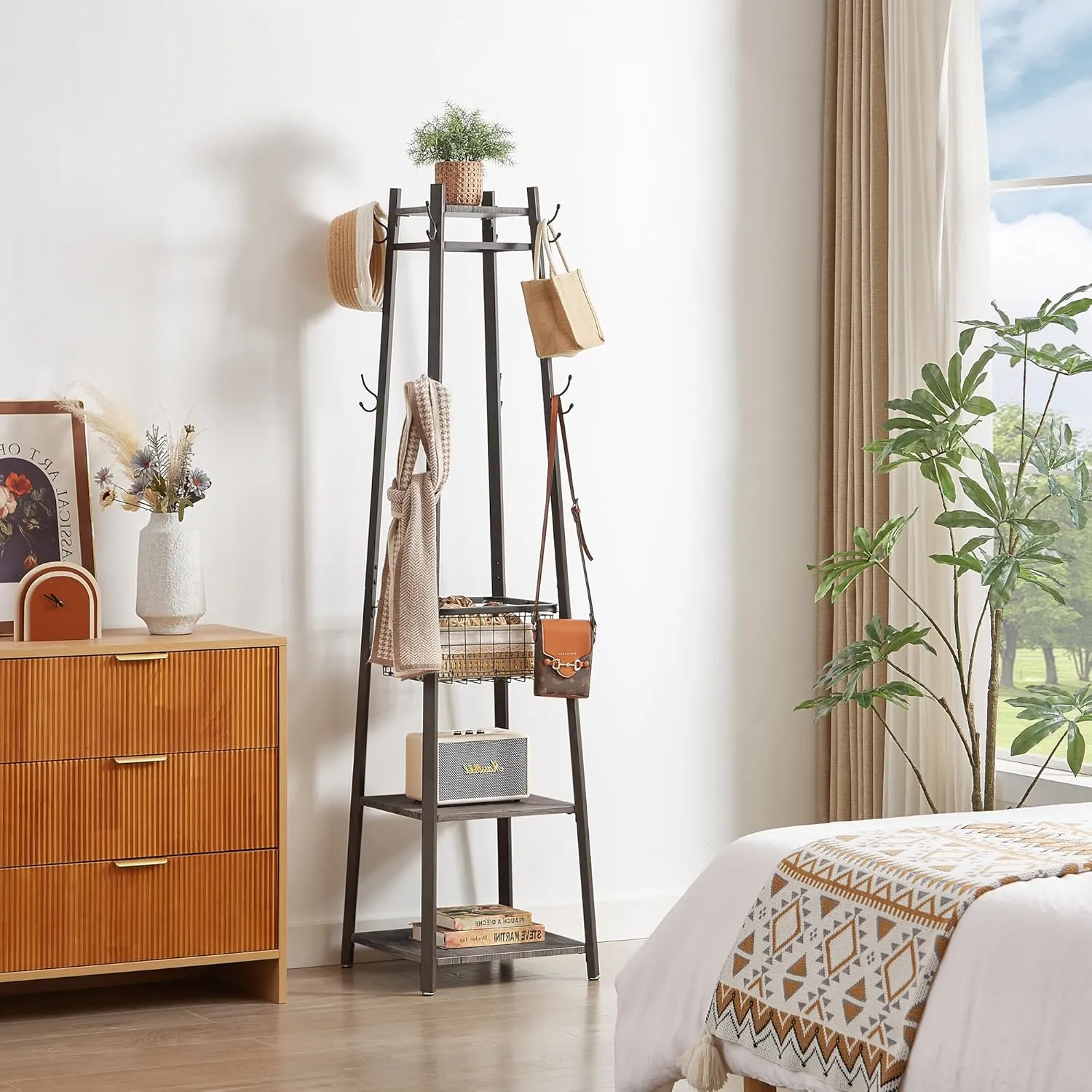 VECELO Coat Rack Freestanding,Hall Tree with Metal Basket and Storage Shelves,Industrial Coat Stand with 8 Hooks for Hanging Coats/Hats/Bags/Umbrellas,18 x 18 x 72 In,Antique Brown