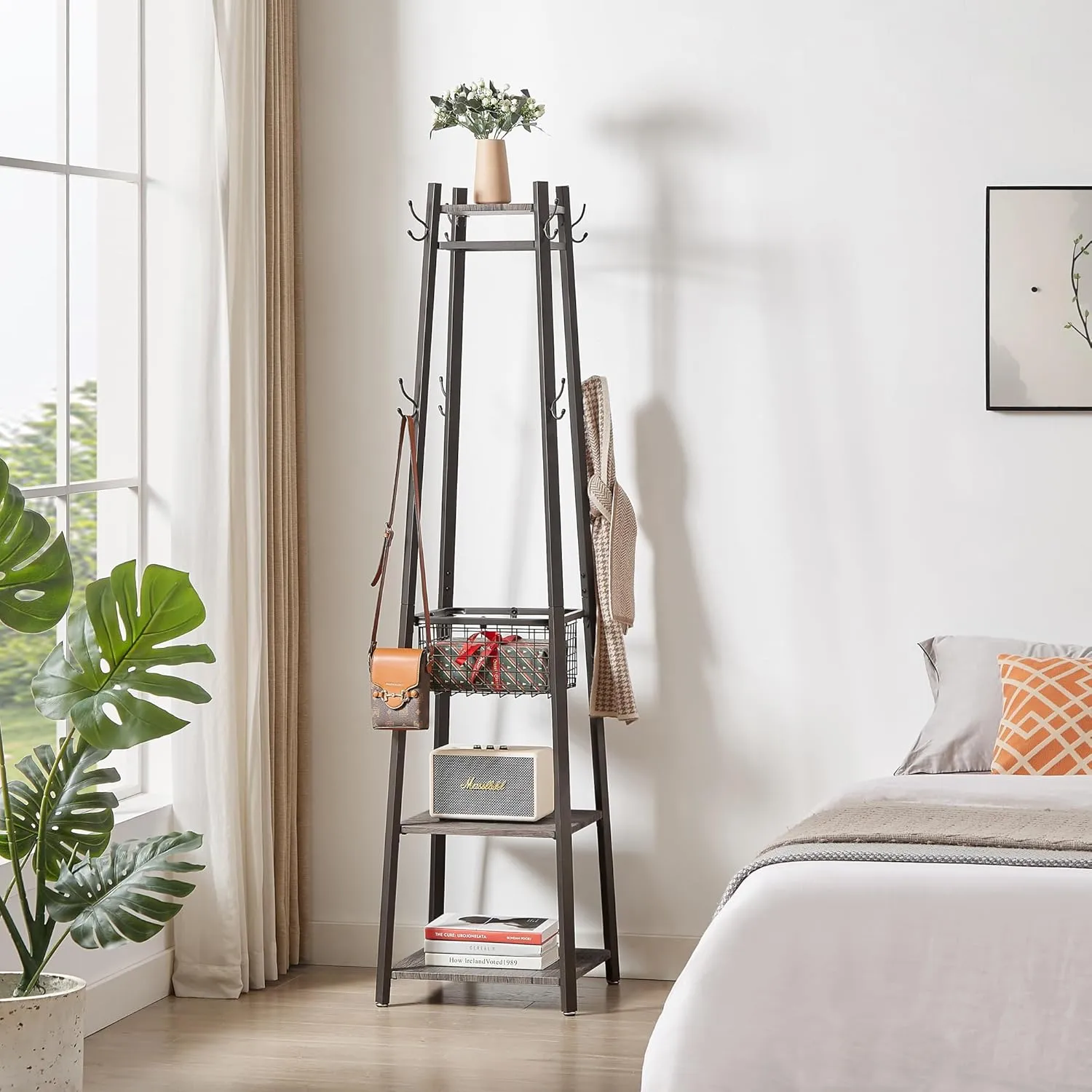 VECELO Coat Rack Freestanding,Hall Tree with Metal Basket and Storage Shelves,Industrial Coat Stand with 8 Hooks for Hanging Coats/Hats/Bags/Umbrellas,18 x 18 x 72 In,Antique Brown