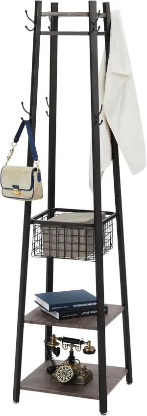 VECELO Coat Rack Freestanding,Hall Tree with Metal Basket and Storage Shelves,Industrial Coat Stand with 8 Hooks for Hanging Coats/Hats/Bags/Umbrellas,18 x 18 x 72 In,Antique Brown