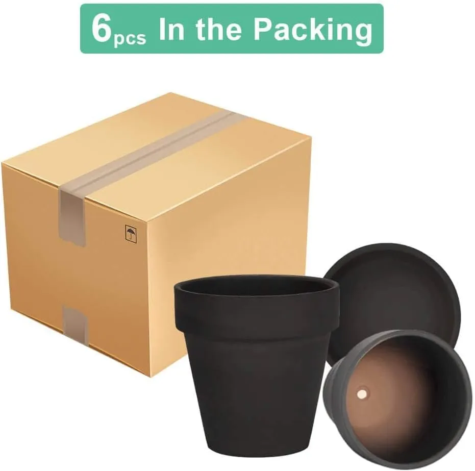 vensovo 4 Inch Small Black Terracotta Plant Pots with Saucer - 6 Pack Clay Flowerpots with Drainage, Great for Indoor Outdoor Plants, Crafts, Wedding Favor