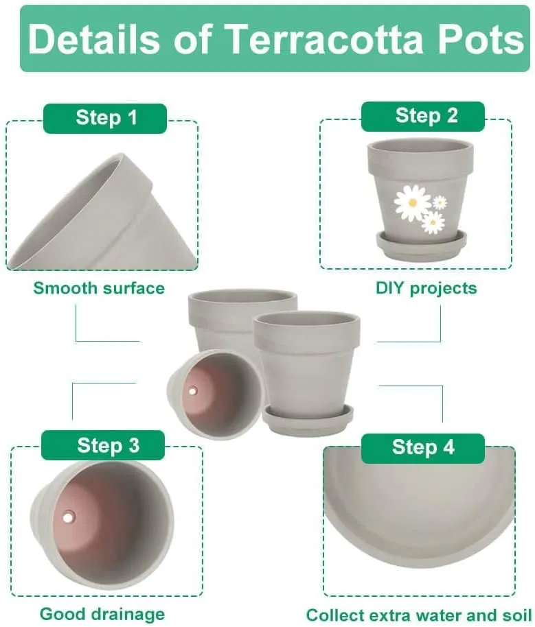 vensovo 4 Inch Small Grey Terracotta Plant Pots with Saucer - 6 Pack Clay Flowerpots with Drainage, Great for Indoor Outdoor Plants, Crafts, Wedding Favor