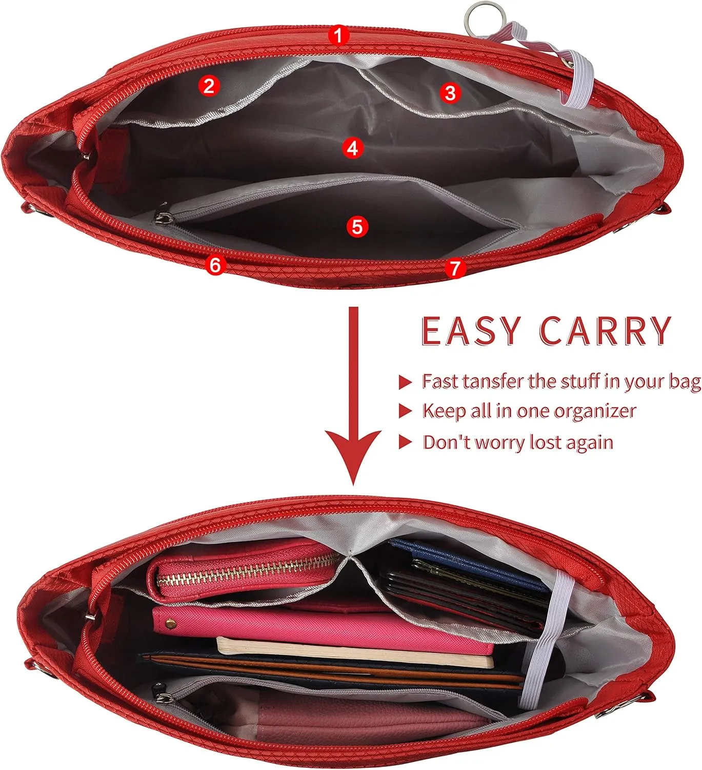 Vercord Expandable Nylon Handbag Purse Organizer Insert Liner Shaper Bag in Bag Red Medium