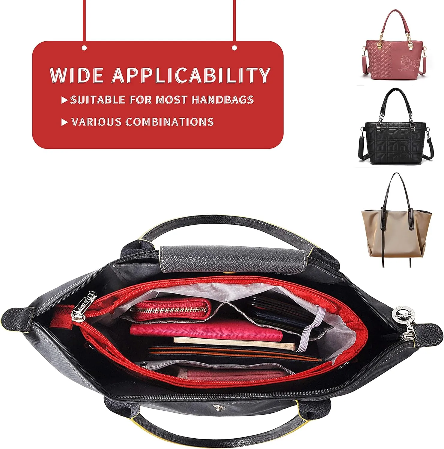 Vercord Expandable Nylon Handbag Purse Organizer Insert Liner Shaper Bag in Bag Red Medium