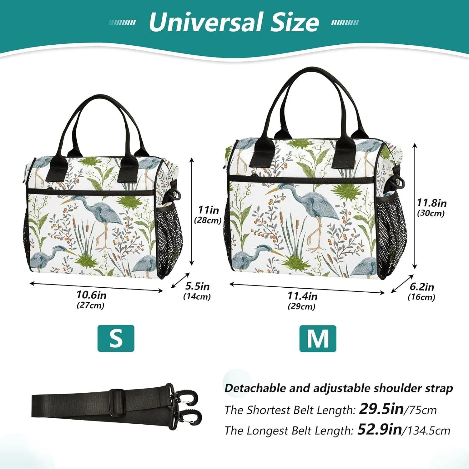 VIGTRO Herons Swamp Plants Insulated Lunch Bag Leakproof Lunch Box for Women Men Reusable Lunch Tote Bag with Adjustable Shoulder Strap for Office Picnic Travel Size S