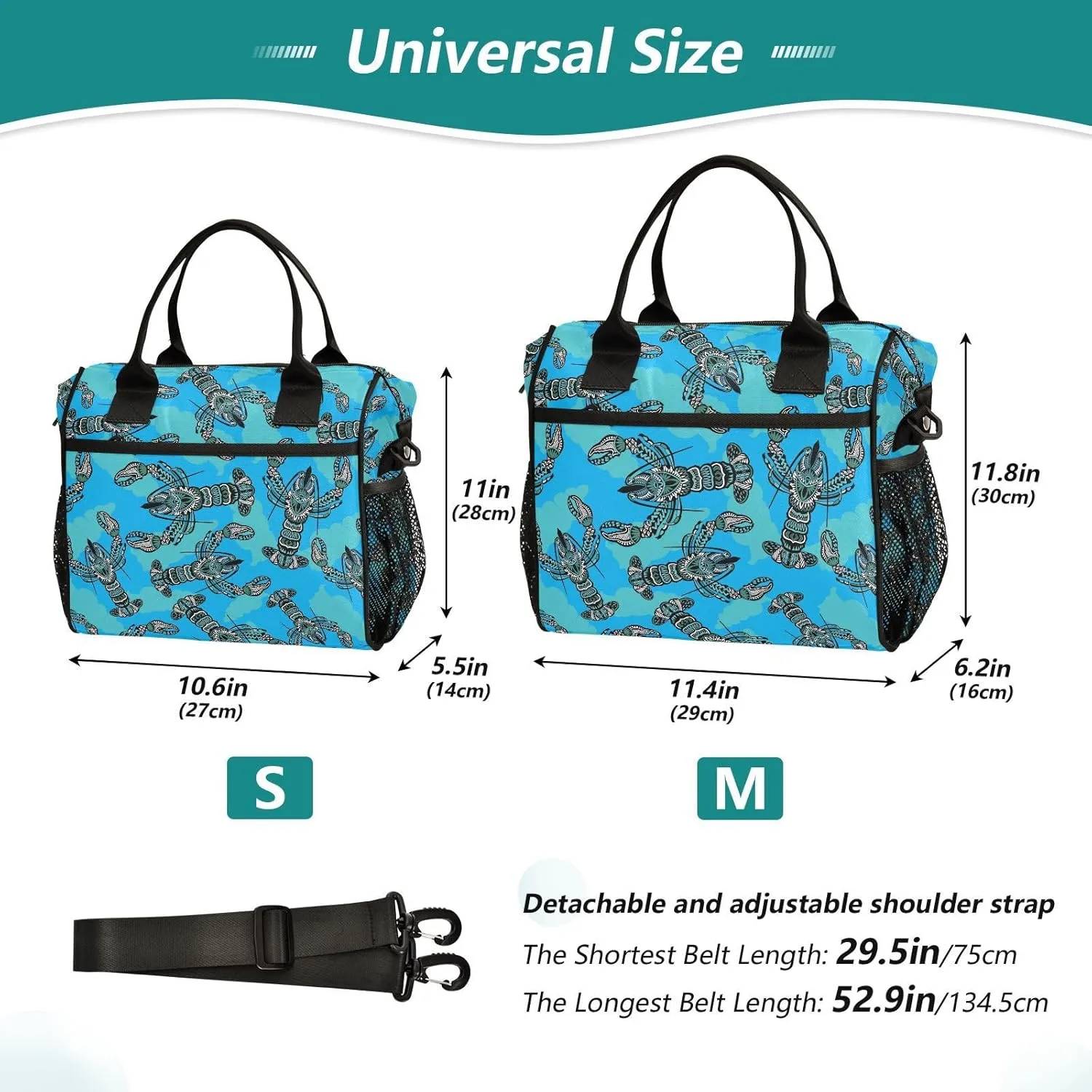 VIGTRO Seafood Lobster Blue Background Insulated Lunch Bag Leakproof Lunch Box for Women Men Reusable Lunch Tote Bag with Adjustable Shoulder Strap for Office Picnic Travel Size M