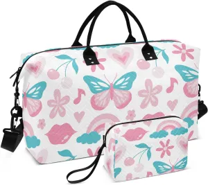 VIGTRO Travel Duffel Bag Weekender Overnight Bag with Toiletry Bag Doodle Flower Butterfly Printed, Carry On Luggage Bag Lips Heart for Hospital Gym Travel Business, 2 Pcs Set