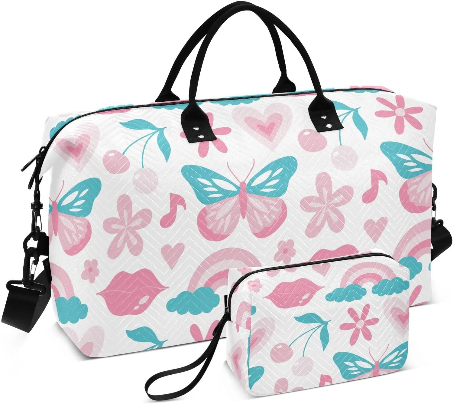 VIGTRO Travel Duffel Bag Weekender Overnight Bag with Toiletry Bag Doodle Flower Butterfly Printed, Carry On Luggage Bag Lips Heart for Hospital Gym Travel Business, 2 Pcs Set