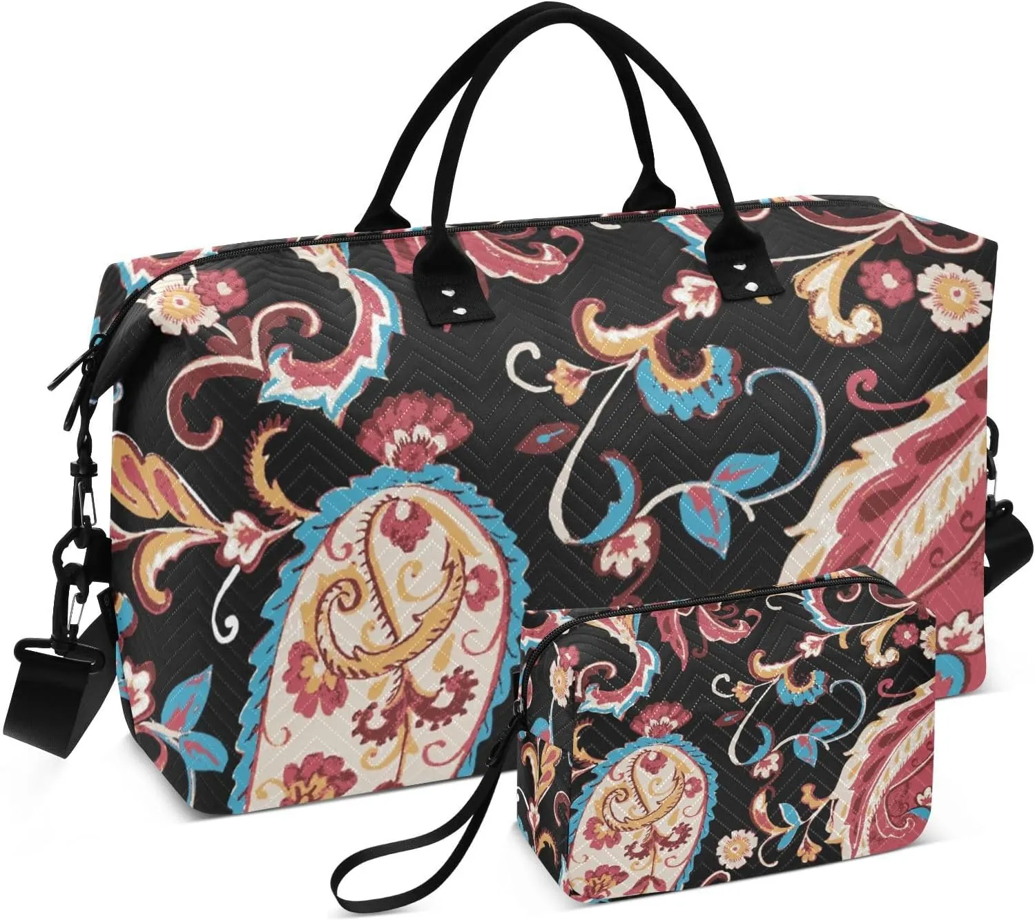 VIGTRO Travel Duffel Bag Weekender Overnight Bag with Toiletry Bag Paisley Ornamental Printed, Carry On Luggage Bag Ethnic Flower Graphic for Hospital Gym Travel Business, 2 Pcs Set