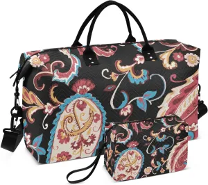VIGTRO Travel Duffel Bag Weekender Overnight Bag with Toiletry Bag Paisley Ornamental Printed, Carry On Luggage Bag Ethnic Flower Graphic for Hospital Gym Travel Business, 2 Pcs Set