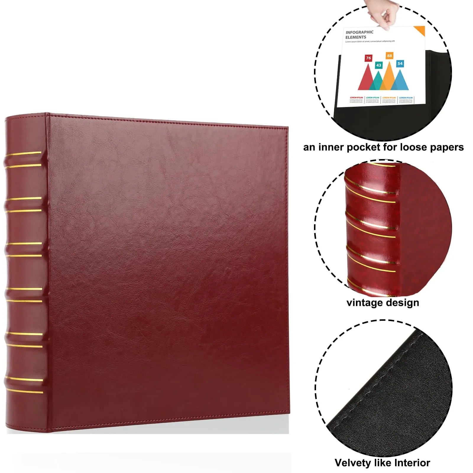 Vintage 3 Ring Binder, 2 Inch Capacity D Ring Leather Binder, Classical Collection Executive Presentation View Binder with Pocket, Professional Binder Organizer Planner (Holds 400 Sheets), Dark Red