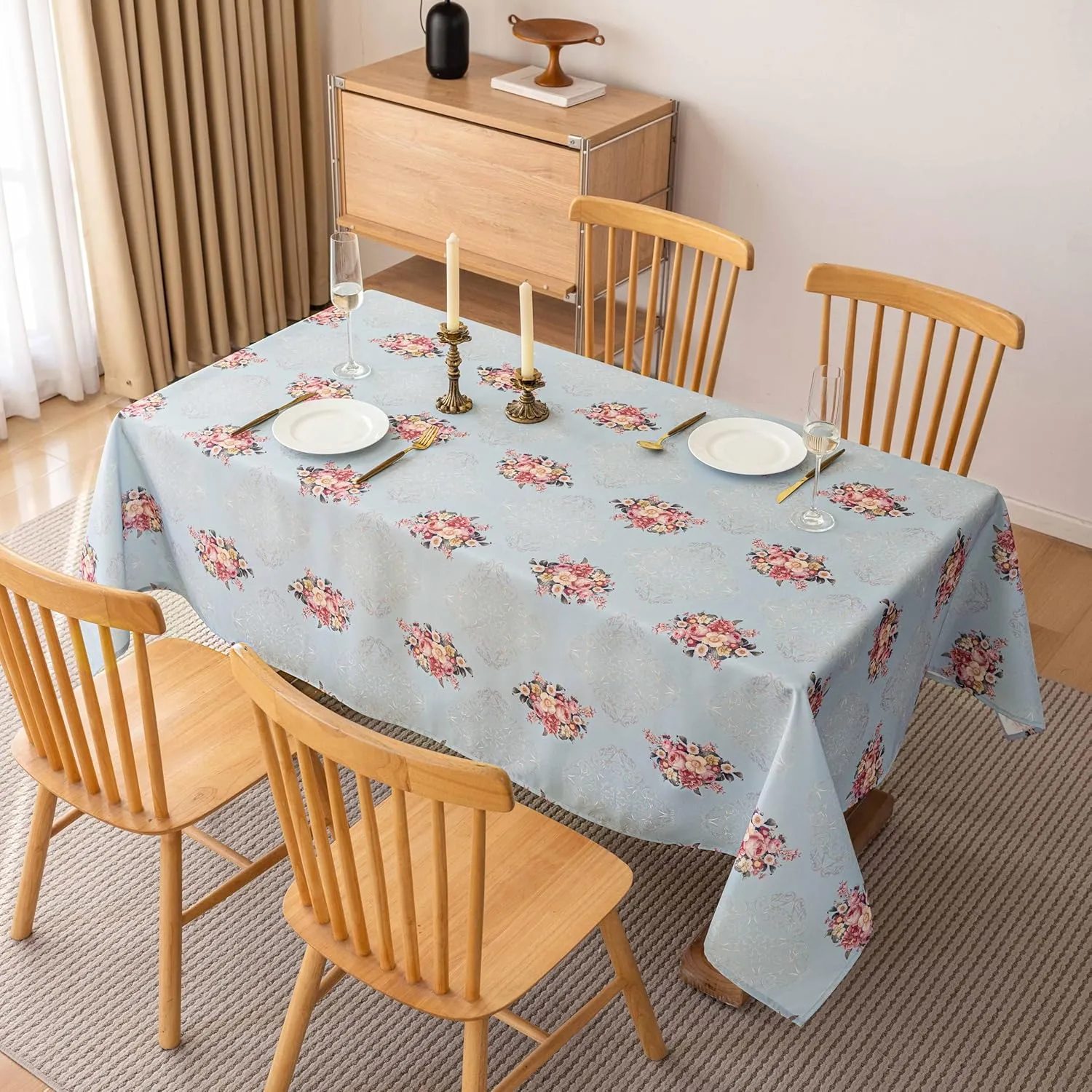 Vintage Floral Rectangle Tablecloth Shabby Chic Flower Table Cloth Spring Table Cover Waterproof for Dinner Kitchen Picnic, Light Blue, 60x84 Inches
