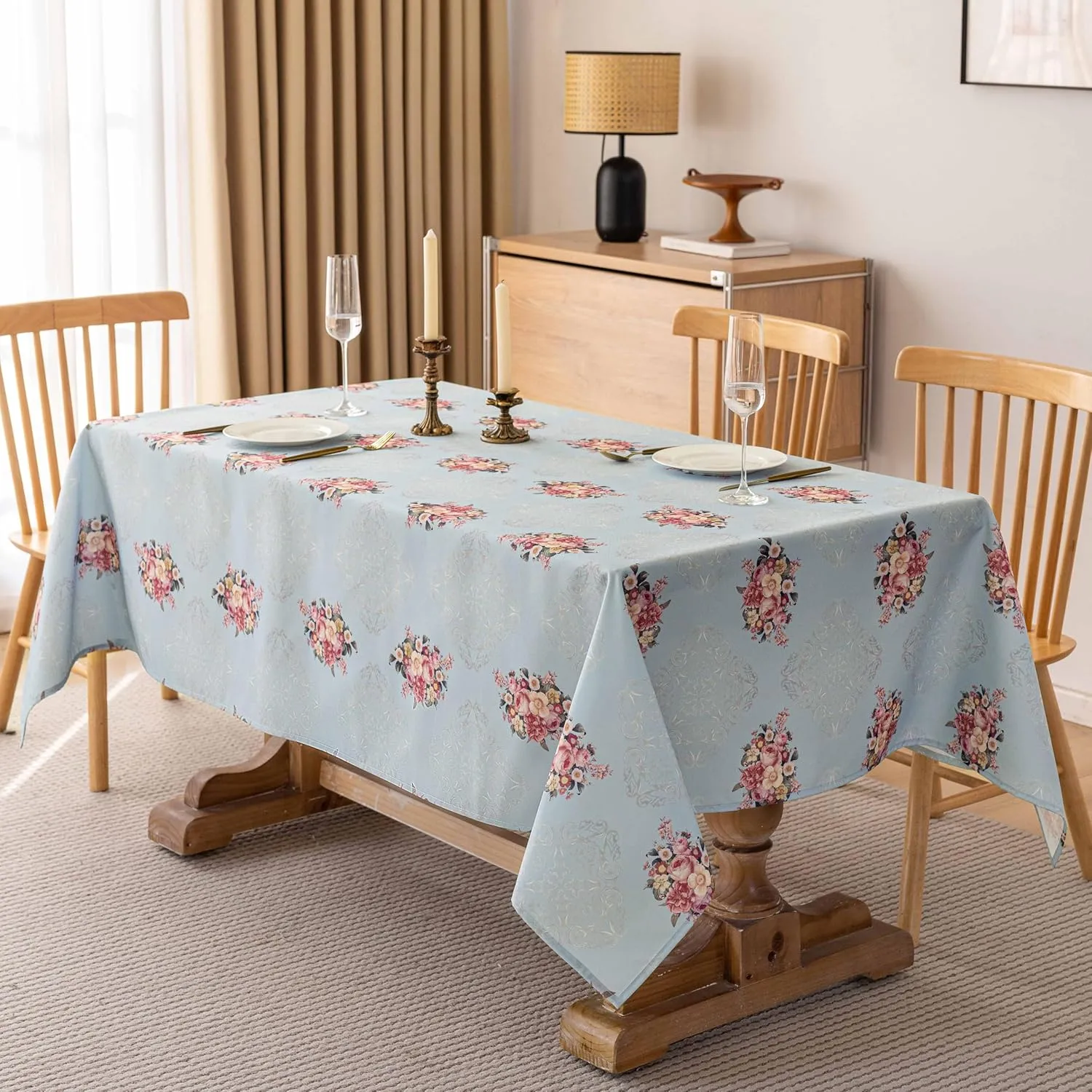 Vintage Floral Rectangle Tablecloth Shabby Chic Flower Table Cloth Spring Table Cover Waterproof for Dinner Kitchen Picnic, Light Blue, 60x84 Inches