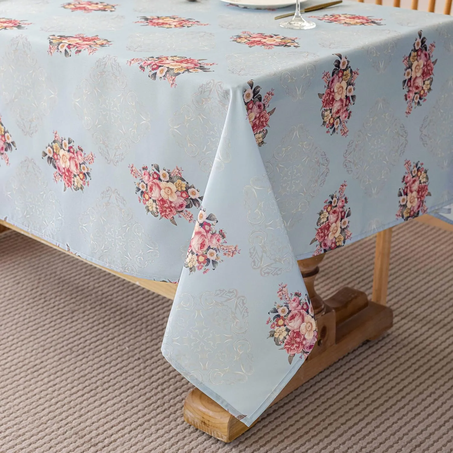 Vintage Floral Rectangle Tablecloth Shabby Chic Flower Table Cloth Spring Table Cover Waterproof for Dinner Kitchen Picnic, Light Blue, 60x84 Inches