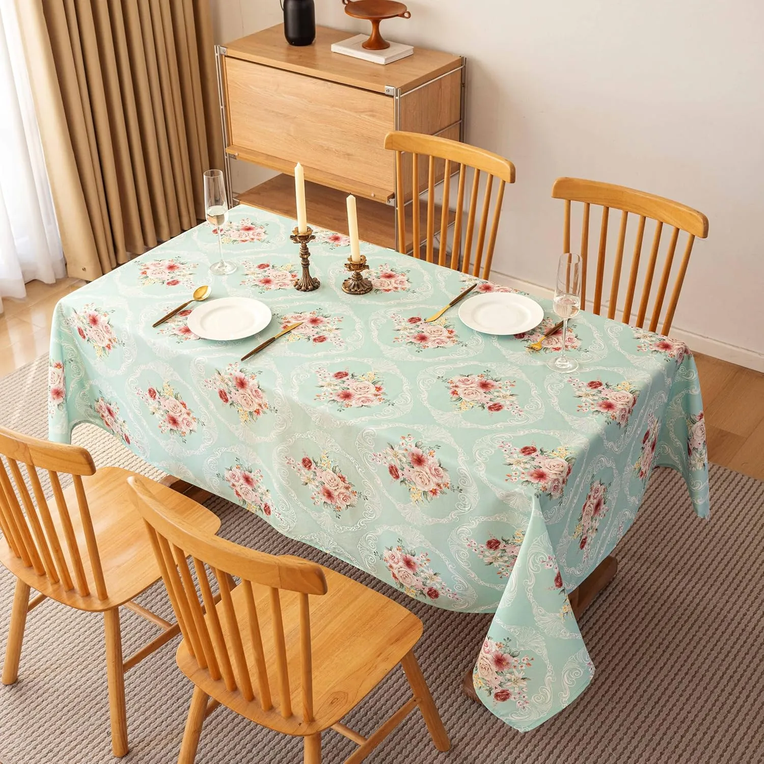 Vintage Floral Rectangle Tablecloth Shabby Chic Flower Table Cloth Spring Table Cover Waterproof for Dinner Kitchen Picnic, Mint Green, 60x84 Inches