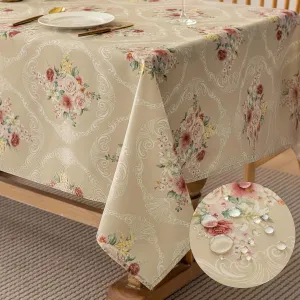 Vintage Floral Rectangle Tablecloth Shabby Chic Flower Table Cloth Spring Table Cover Waterproof for Dinner Kitchen Picnic, Tan, 60x84 Inches