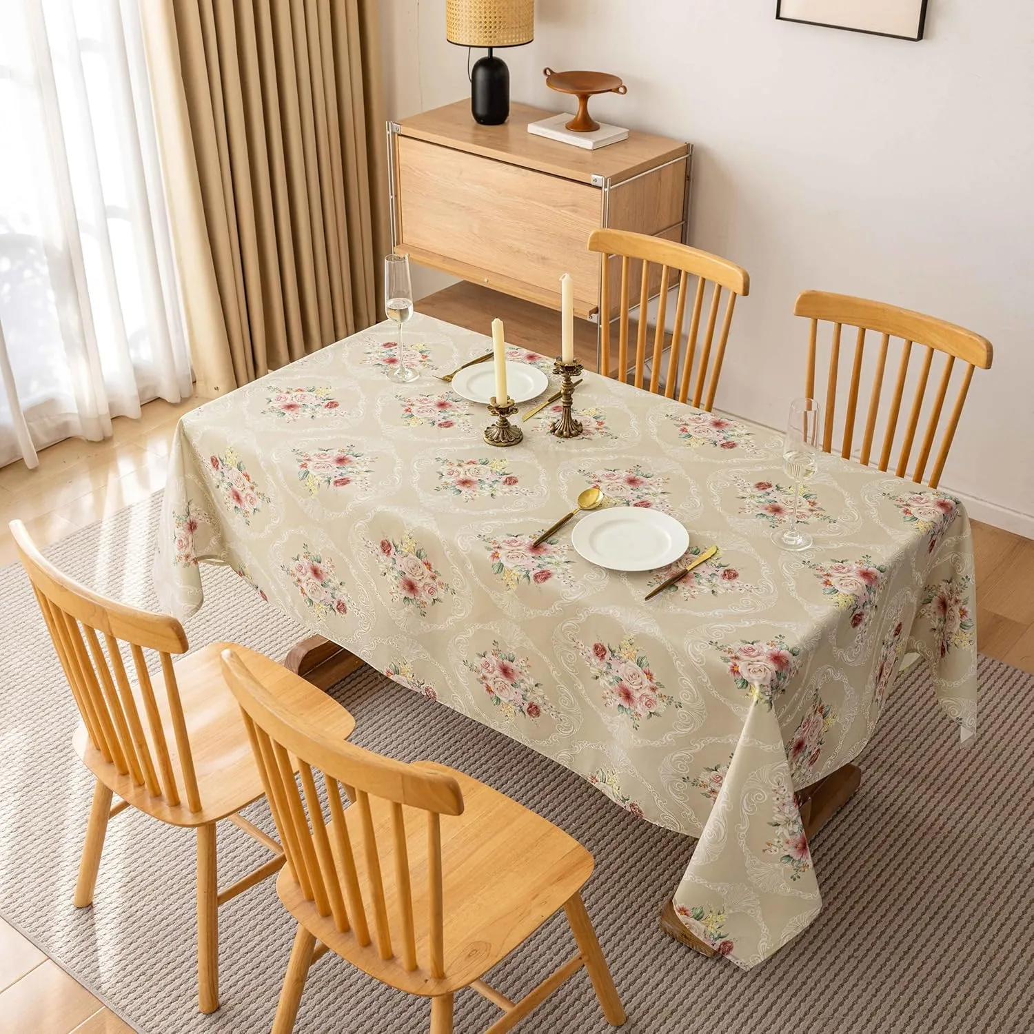 Vintage Floral Rectangle Tablecloth Shabby Chic Flower Table Cloth Spring Table Cover Waterproof for Dinner Kitchen Picnic, Tan, 60x84 Inches