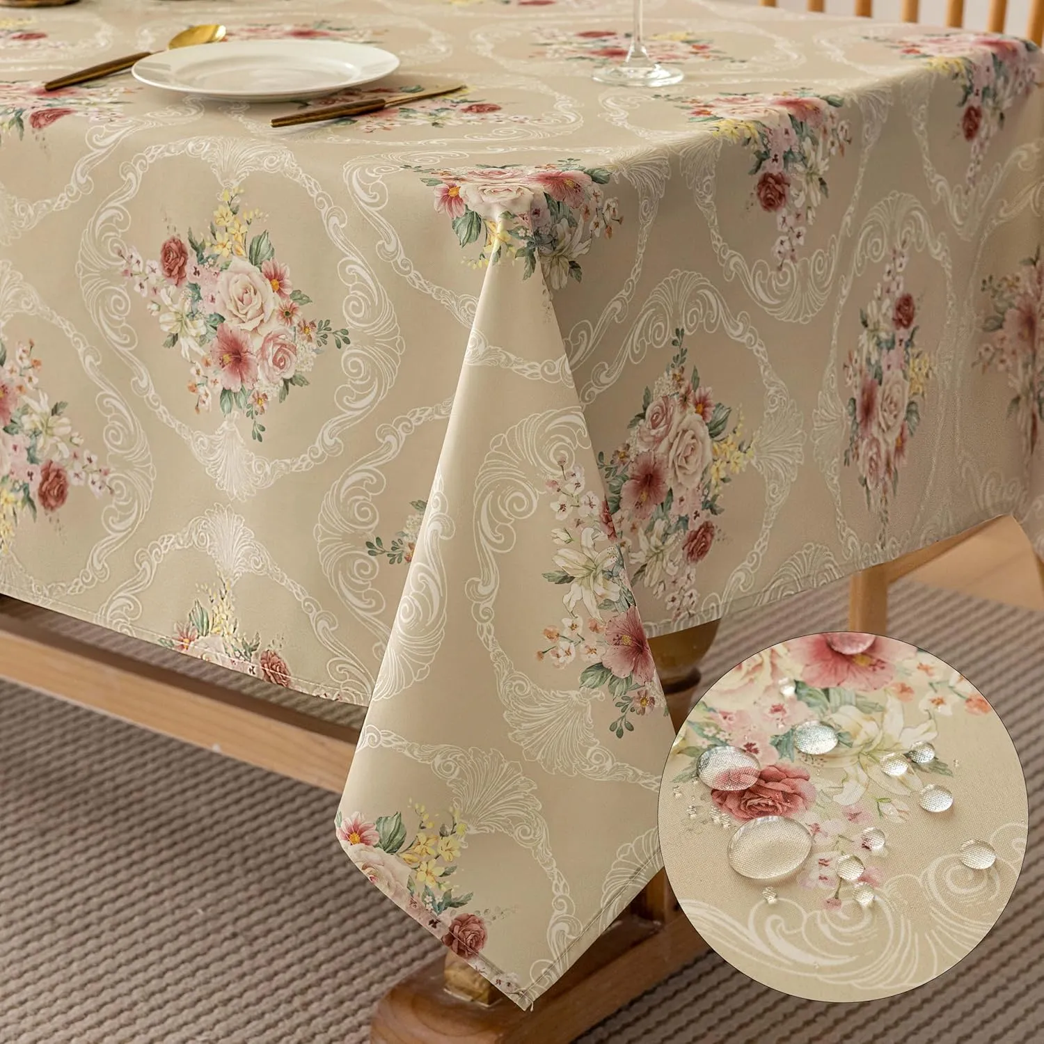 Vintage Floral Rectangle Tablecloth Shabby Chic Flower Table Cloth Spring Table Cover Waterproof for Dinner Kitchen Picnic, Tan, 60x84 Inches