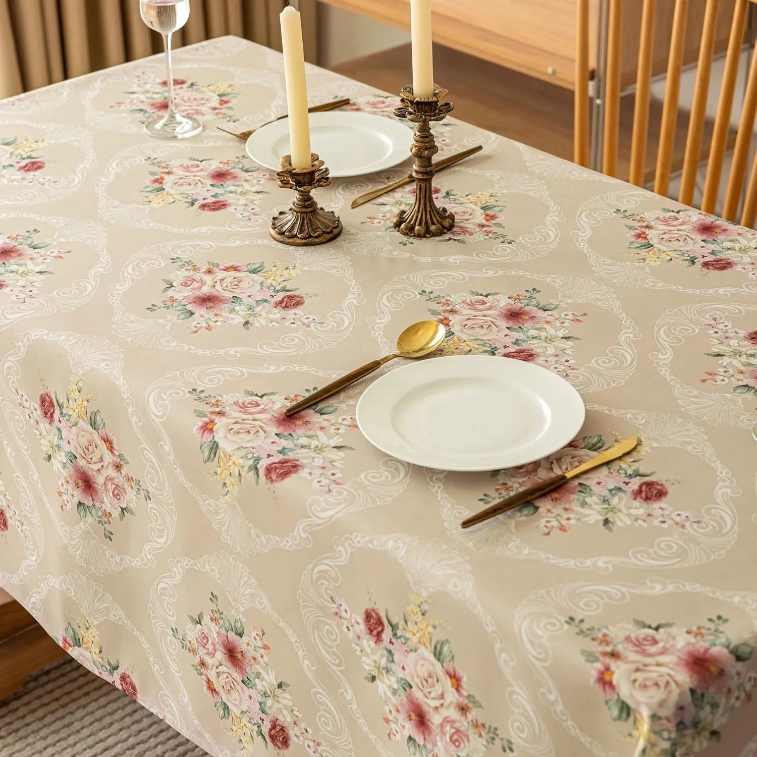 Vintage Floral Rectangle Tablecloth Shabby Chic Flower Table Cloth Spring Table Cover Waterproof for Dinner Kitchen Picnic, Tan, 60x84 Inches
