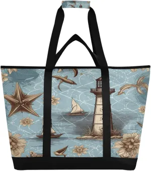 Vintage Nautical Reusable Insulated Lunchbox Cooler Bag, Leakproof Kitchen Grocery Bag Collapsible Portable Cooler Tote Bag for Picnic, Camping, Office, Travel