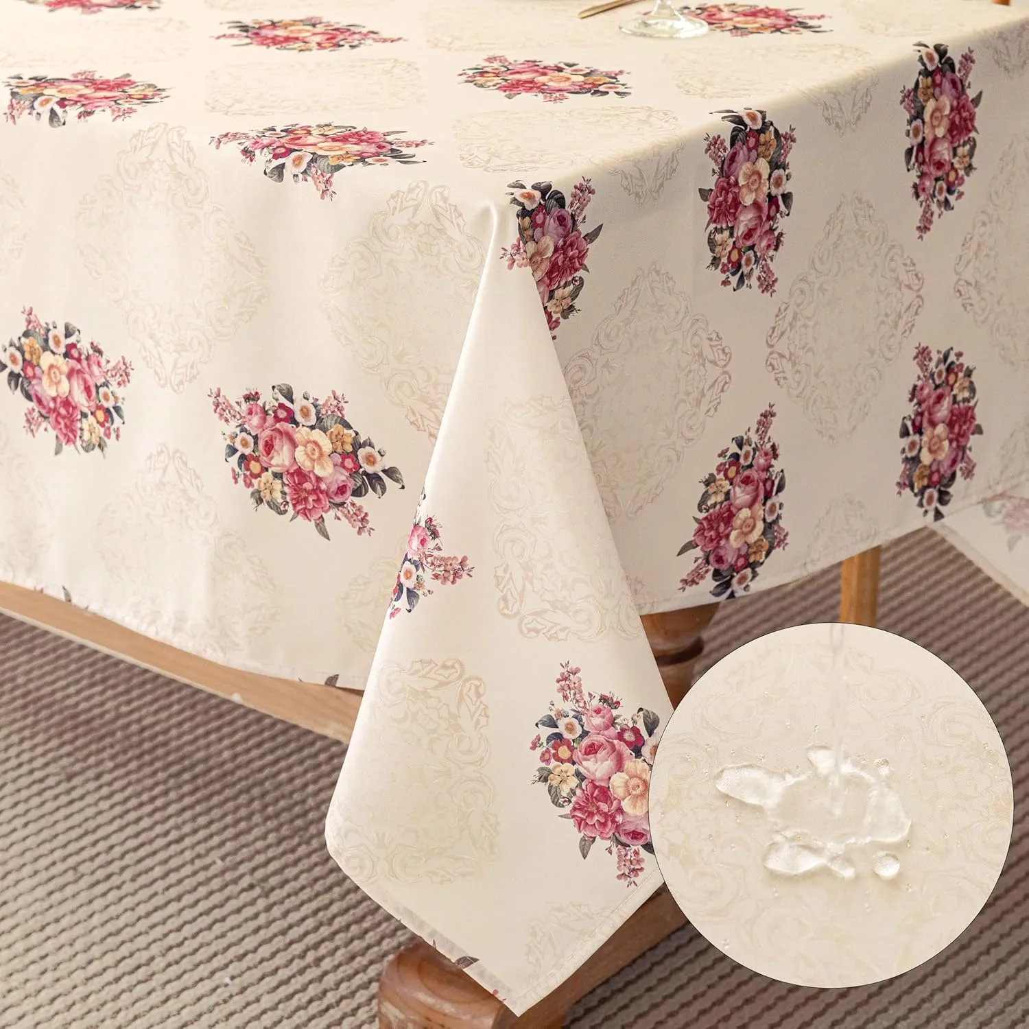 Vintage Pink Floral Rectangle Tablecloth Shabby Chic Flower Table Cloth Spring Table Cover Waterproof for Dinner Kitchen Picnic, Beige, 60x84 Inches