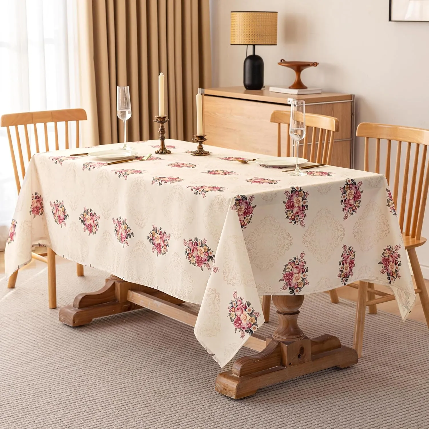 Vintage Pink Floral Rectangle Tablecloth Shabby Chic Flower Table Cloth Spring Table Cover Waterproof for Dinner Kitchen Picnic, Beige, 60x84 Inches