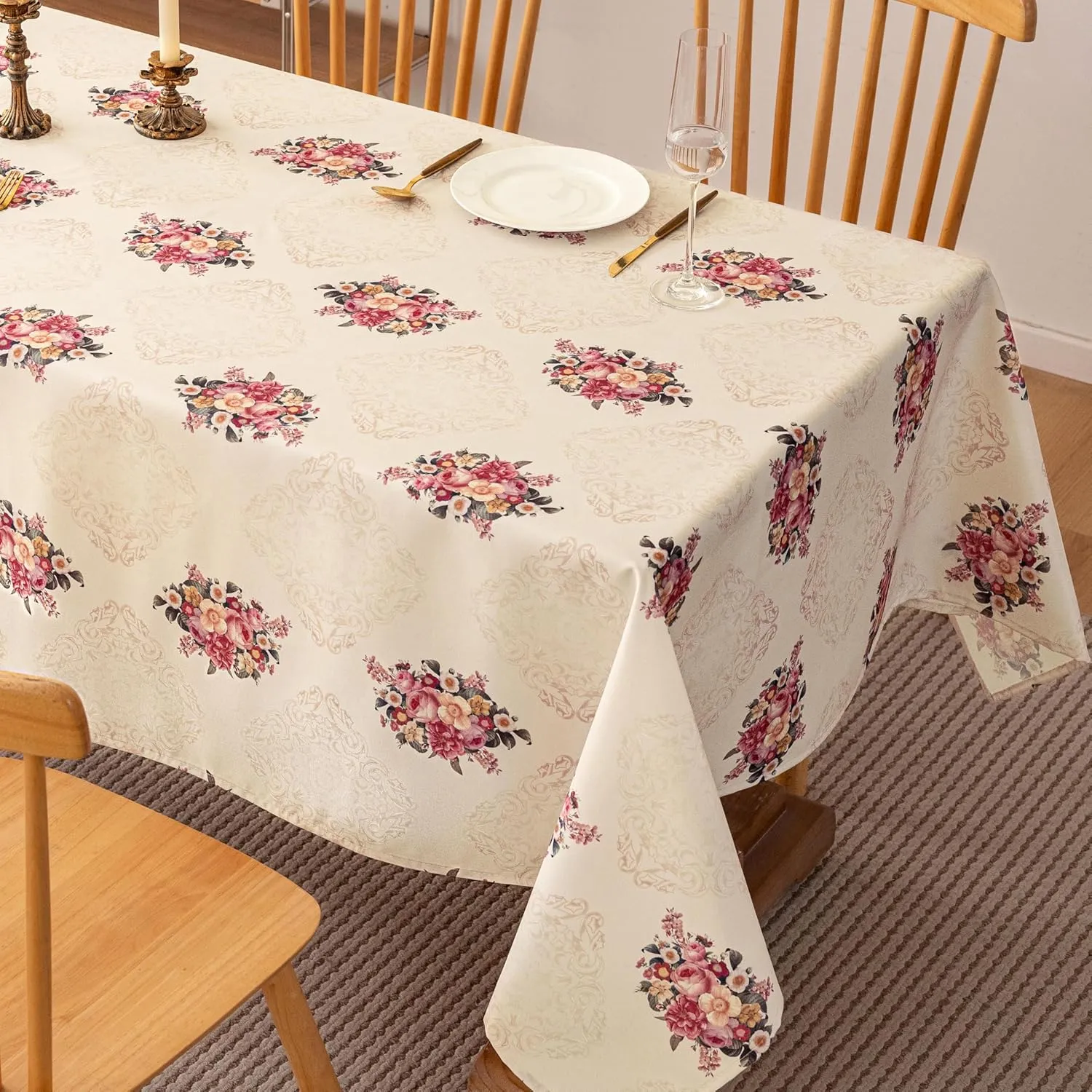 Vintage Pink Floral Rectangle Tablecloth Shabby Chic Flower Table Cloth Spring Table Cover Waterproof for Dinner Kitchen Picnic, Beige, 60x84 Inches