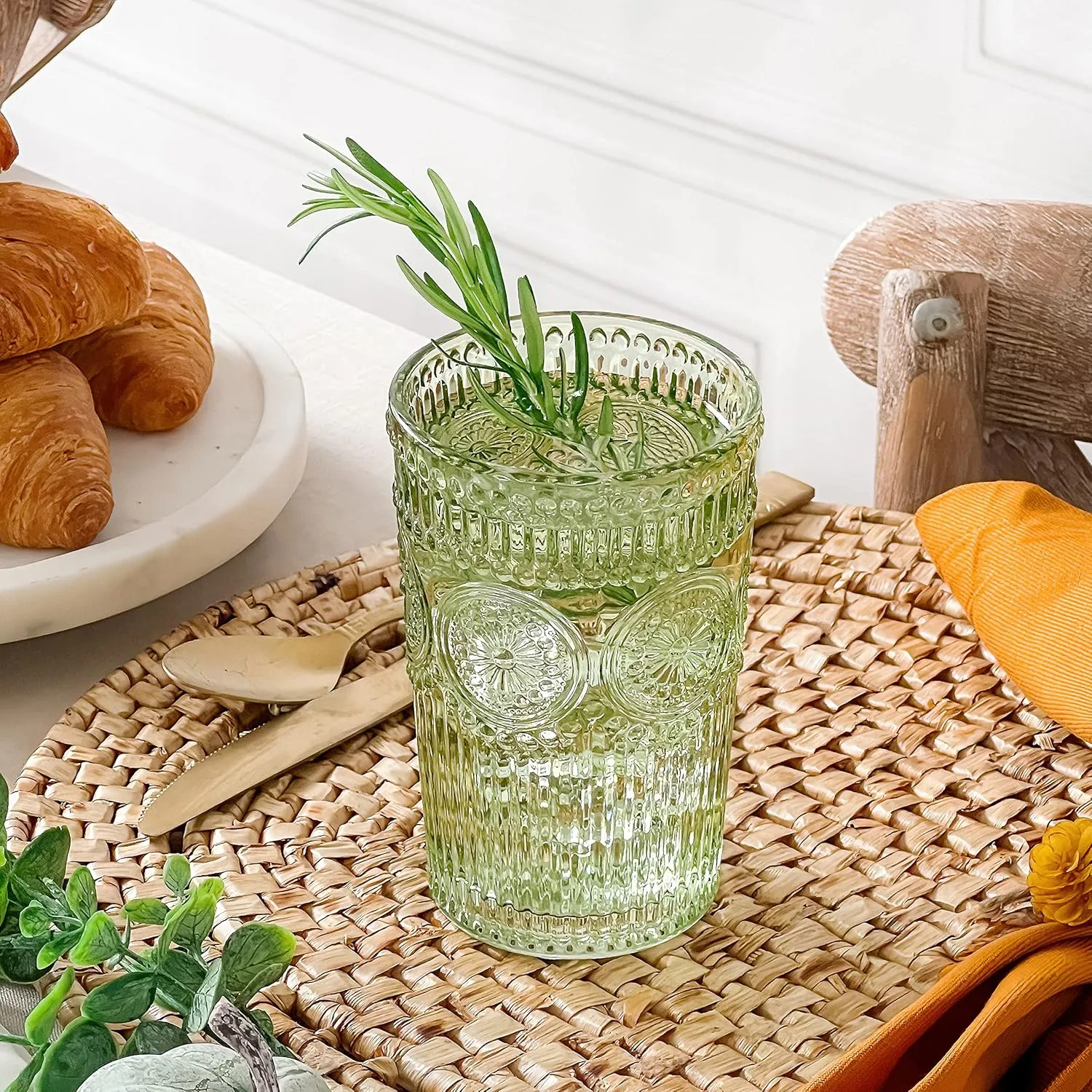 Vintage Textured Sage Green Striped Drinking Glasses Set of 6, Ribbed Flower Design, 13 oz Cocktail Water Tumblers Glassware Set