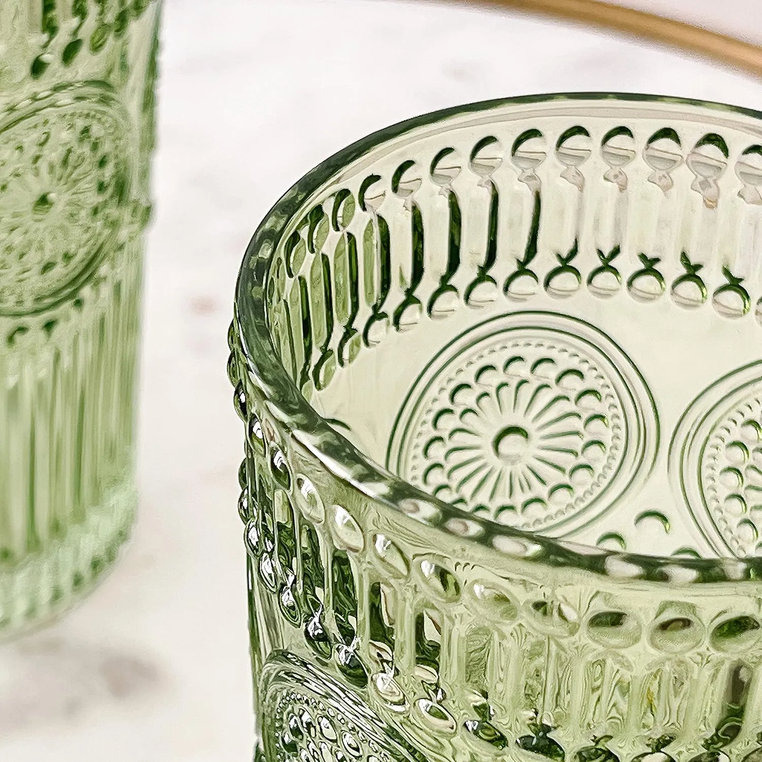 Vintage Textured Sage Green Striped Drinking Glasses Set of 6, Ribbed Flower Design, 13 oz Cocktail Water Tumblers Glassware Set