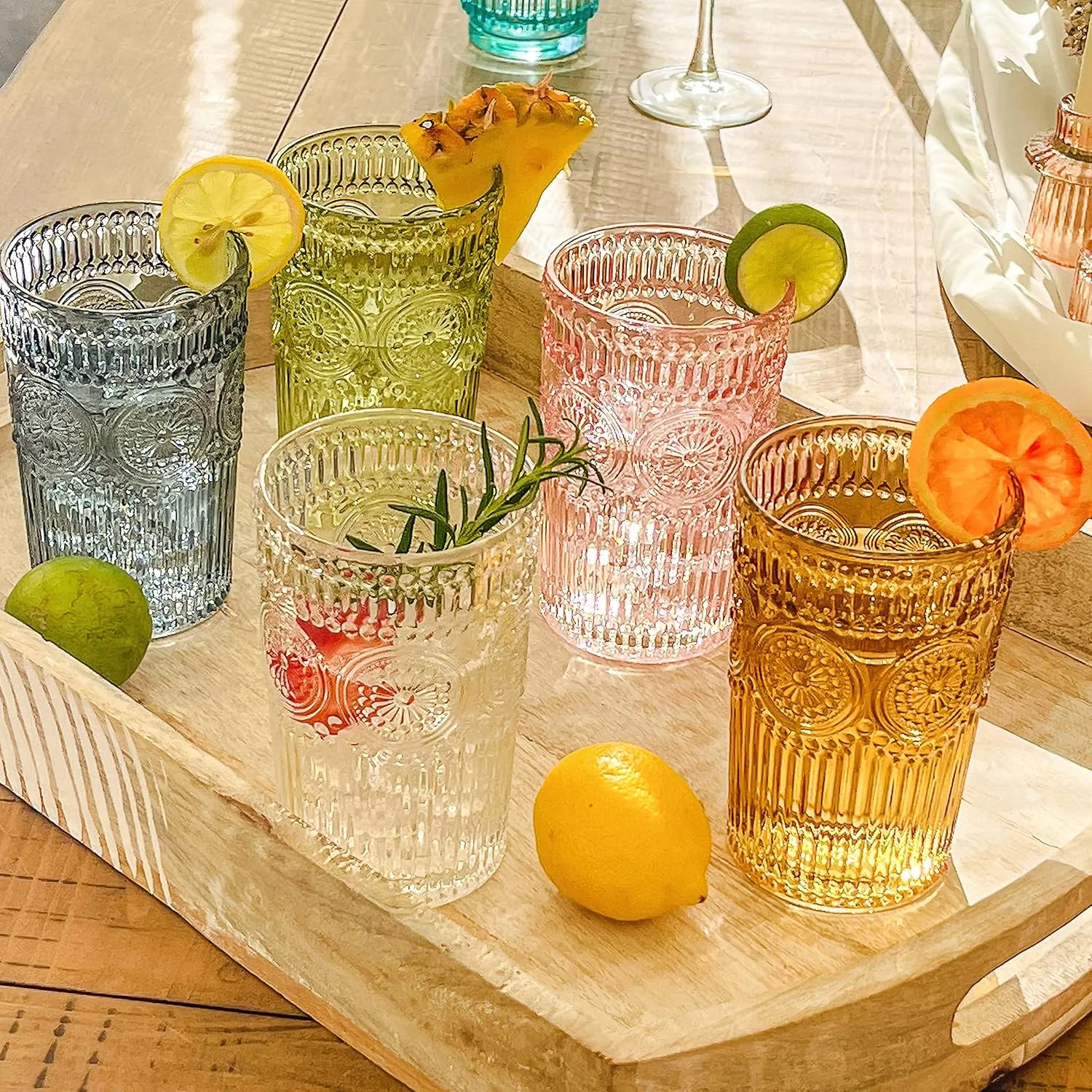Vintage Textured Sage Green Striped Drinking Glasses Set of 6, Ribbed Flower Design, 13 oz Cocktail Water Tumblers Glassware Set