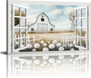 Vintage White Barn Wall Art Farmhouse Windmill Canvas Print Rustic Landscape Painting Retro Floral Countryside Decor Picture Ready to Hang for Living Room Bedroom Kitchen Bathroom(Far-03,16"x24")