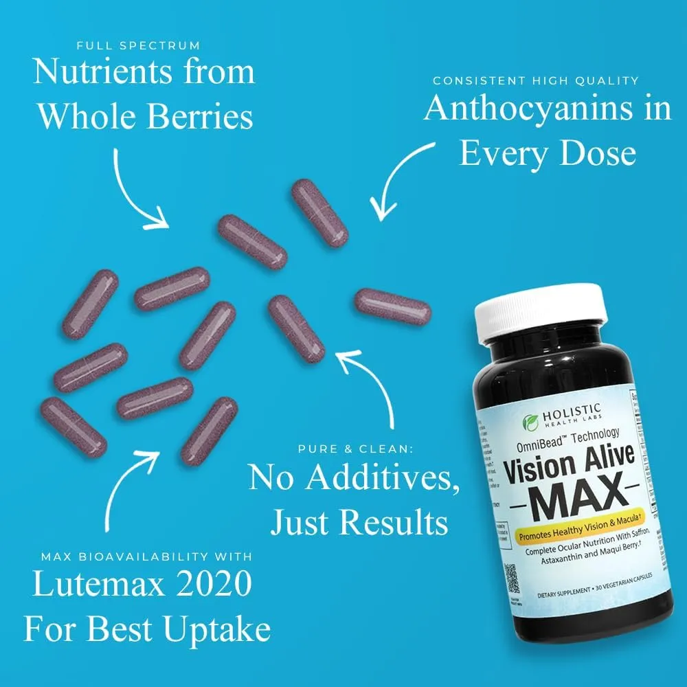 Vision Alive Max with 8 Natural Ingredients Lutemax® 2020, Bilberries, Blueberries, c3g from Black Currant, Maqui Berry, Saffron, and Astaxanthin (30 Count (Pack of 1))
