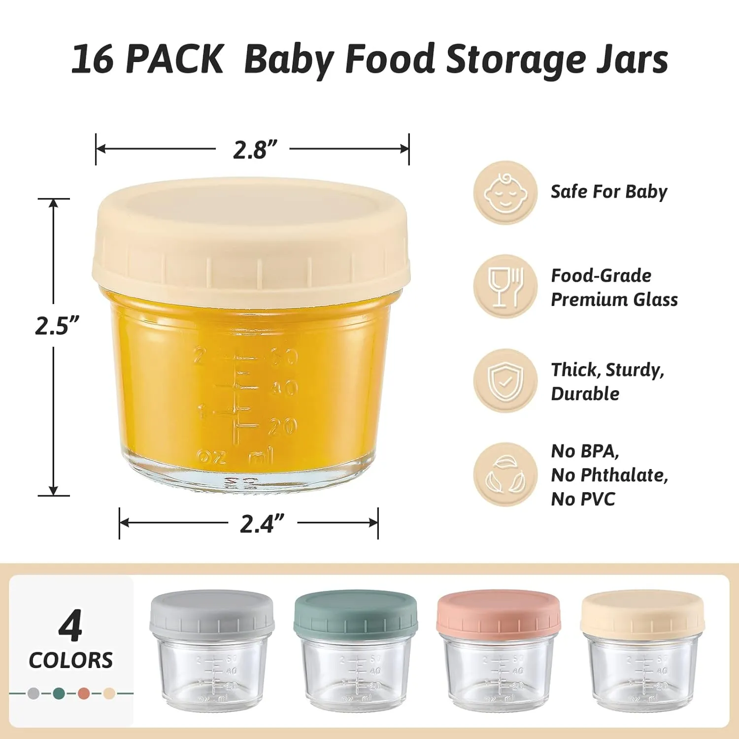 VITEVER 16 Pack Glass Baby Food Storage Containers, 4 oz Baby Food Jars with Plastic Lids, Small Baby Food Maker, Reusable Infant Freezer Container, Microwave, Dishwasher & Freezer Safe, BPA free