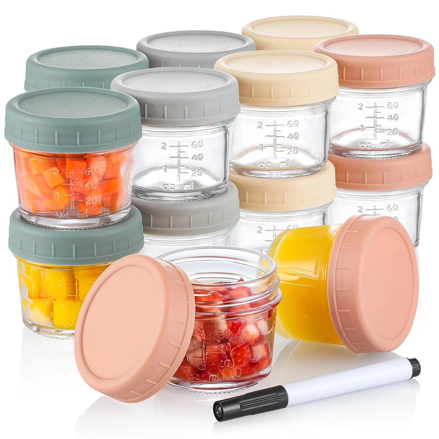 VITEVER 16 Pack Glass Baby Food Storage Containers, 4 oz Baby Food Jars with Plastic Lids, Small Baby Food Maker, Reusable Infant Freezer Container, Microwave, Dishwasher & Freezer Safe, BPA free