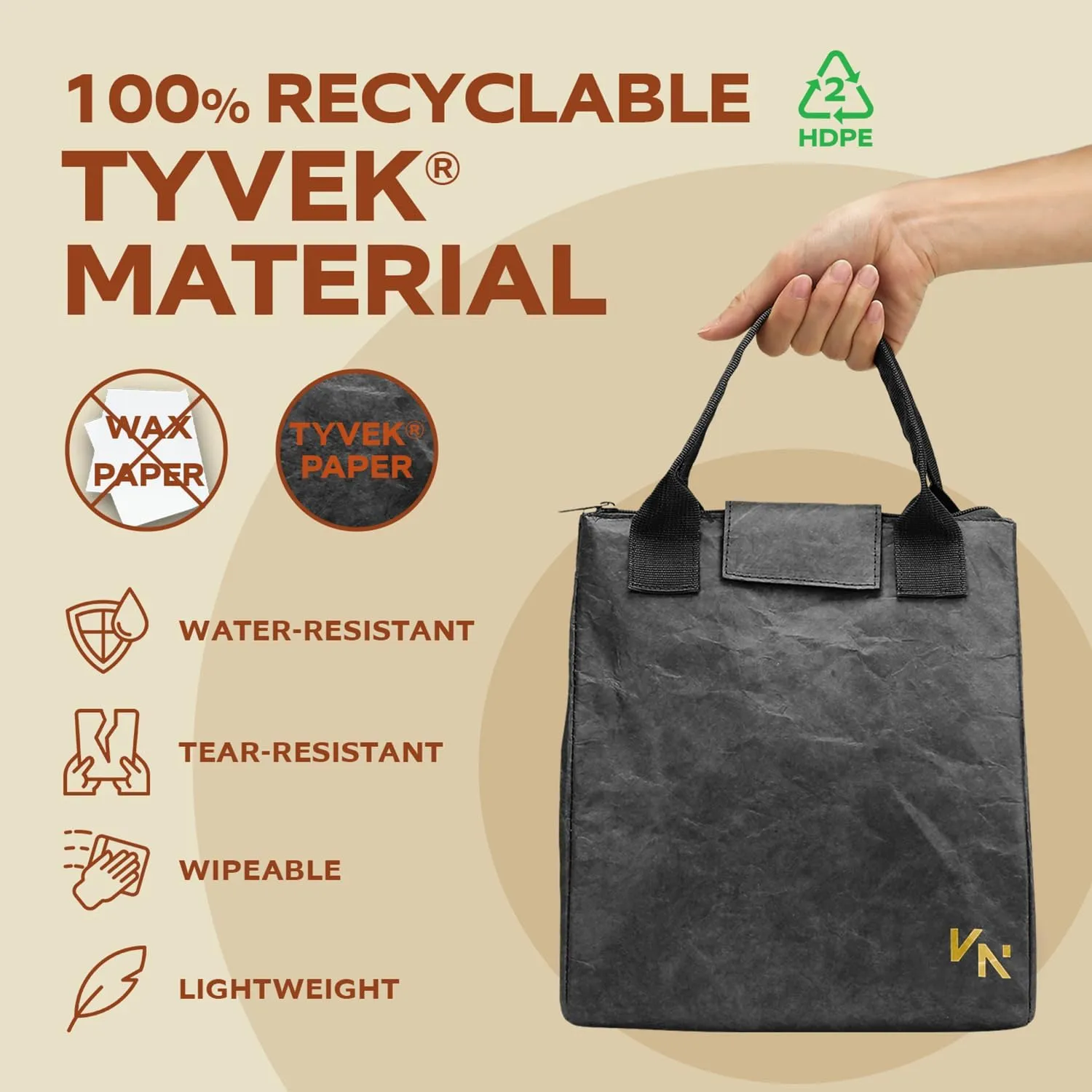 VonNova Insulated Lunch Box for Women, 7L Capacity, Leakproof Lunch Tote Bag, Durable Lunchbox made from Tyvek Material, Adult Cooler Bag for Work, Picnic, Travel and more (Black)