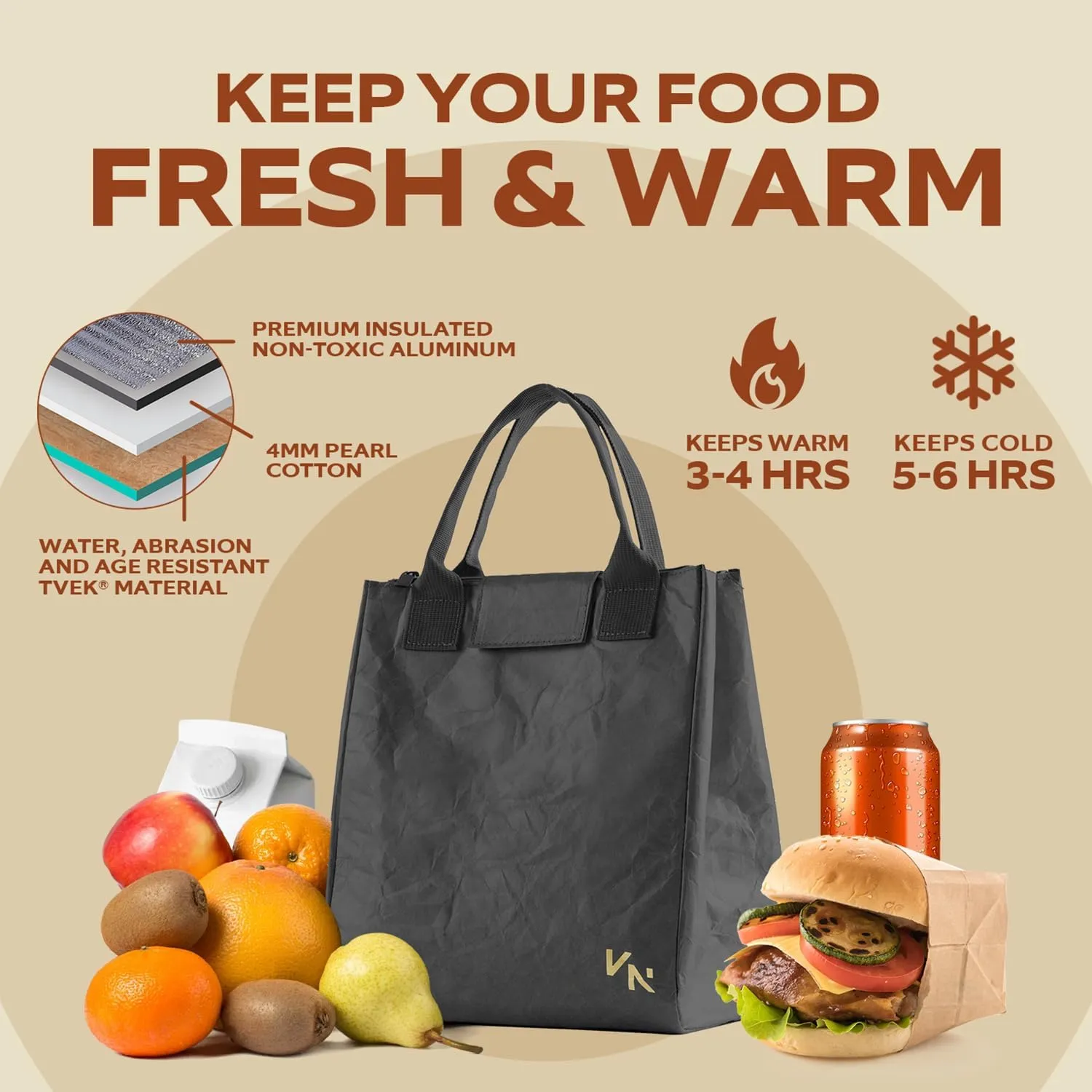 VonNova Insulated Lunch Box for Women, 7L Capacity, Leakproof Lunch Tote Bag, Durable Lunchbox made from Tyvek Material, Adult Cooler Bag for Work, Picnic, Travel and more (Black)