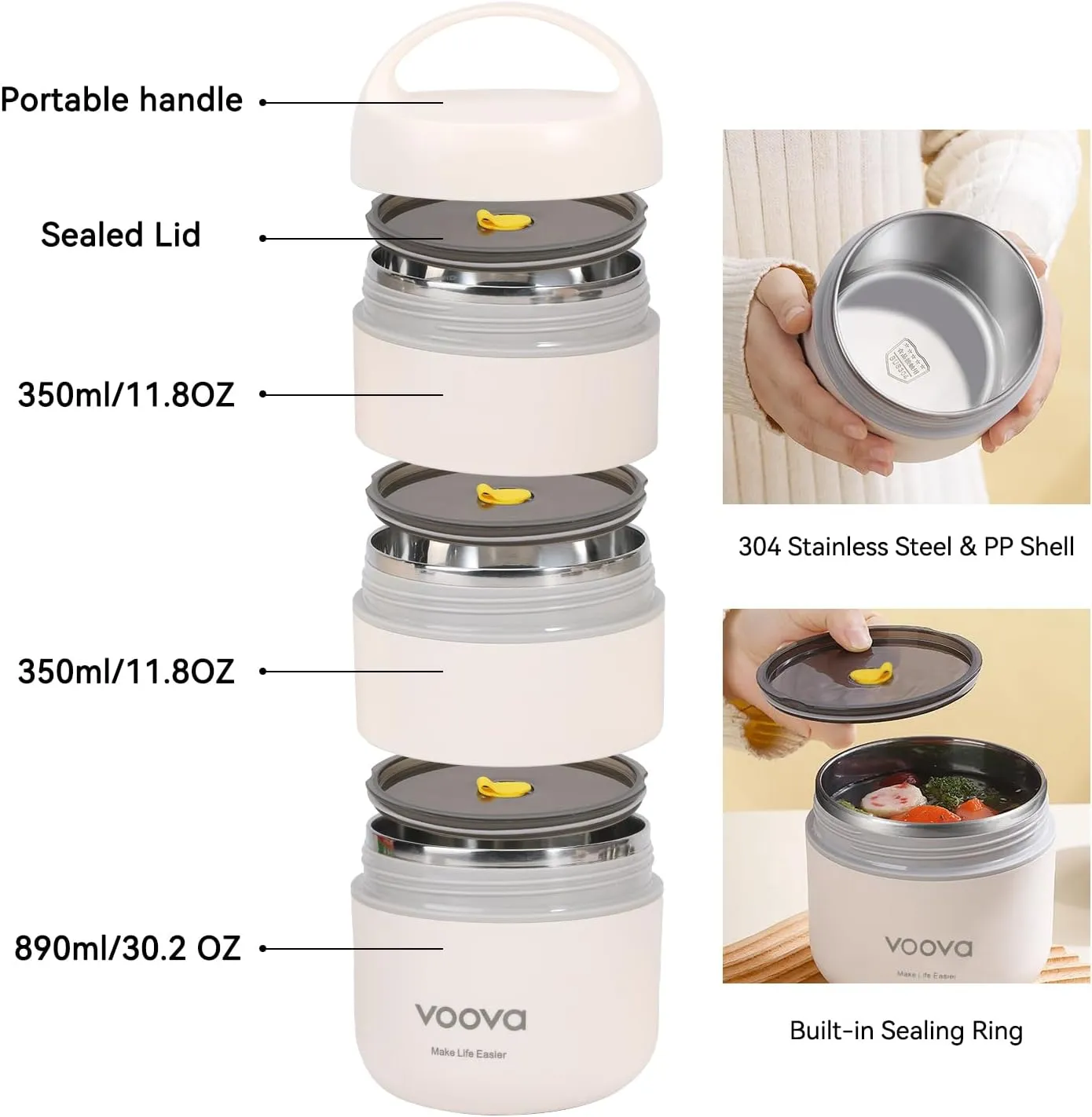 Voova Stackable Stainless Steel Thermal Lunch Box with Lunch Bag and Cultery Set for Adult Women Men, 3 Tier Leakproof All-in-One Insulated Bento Boxes Food Container for Work, Black