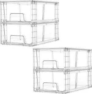 Vtopmart 4 Pack Stackable Storage Drawers,Clear Acrylic Drawer Organizers with Handles, Easily Assemble for Fridge, Bathroom,Kitchen Undersink,Cabinet,Pantry Organization and Storage
