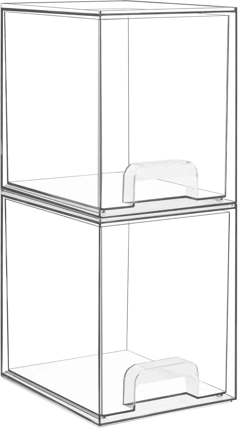 Vtopmart 7.6" H Clear Stackable Storage Drawers, 2 Pack Plastic Organizers Bins for Skincare, Cosmetics,Beauty Supplies,Ideal for Vanity, Bathroom,Kitchen Countertop,Cabinet Organization
