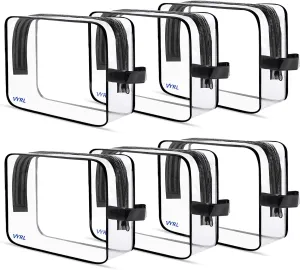 VYRL 6-Pack Clear Makeup Bags – Large Cosmetic Bags With Zipper TSA-Approved Quart-Size Toiletry Bags – Water-Resistant Durable PVC Pouches for Travel Essentials & Carry-On Accessories – Black
