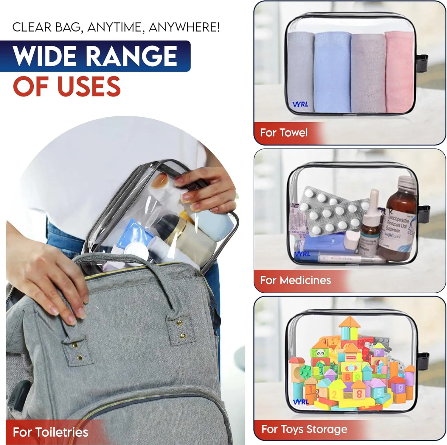VYRL 6-Pack Clear Makeup Bags – Large Cosmetic Bags With Zipper TSA-Approved Quart-Size Toiletry Bags – Water-Resistant Durable PVC Pouches for Travel Essentials & Carry-On Accessories – Black