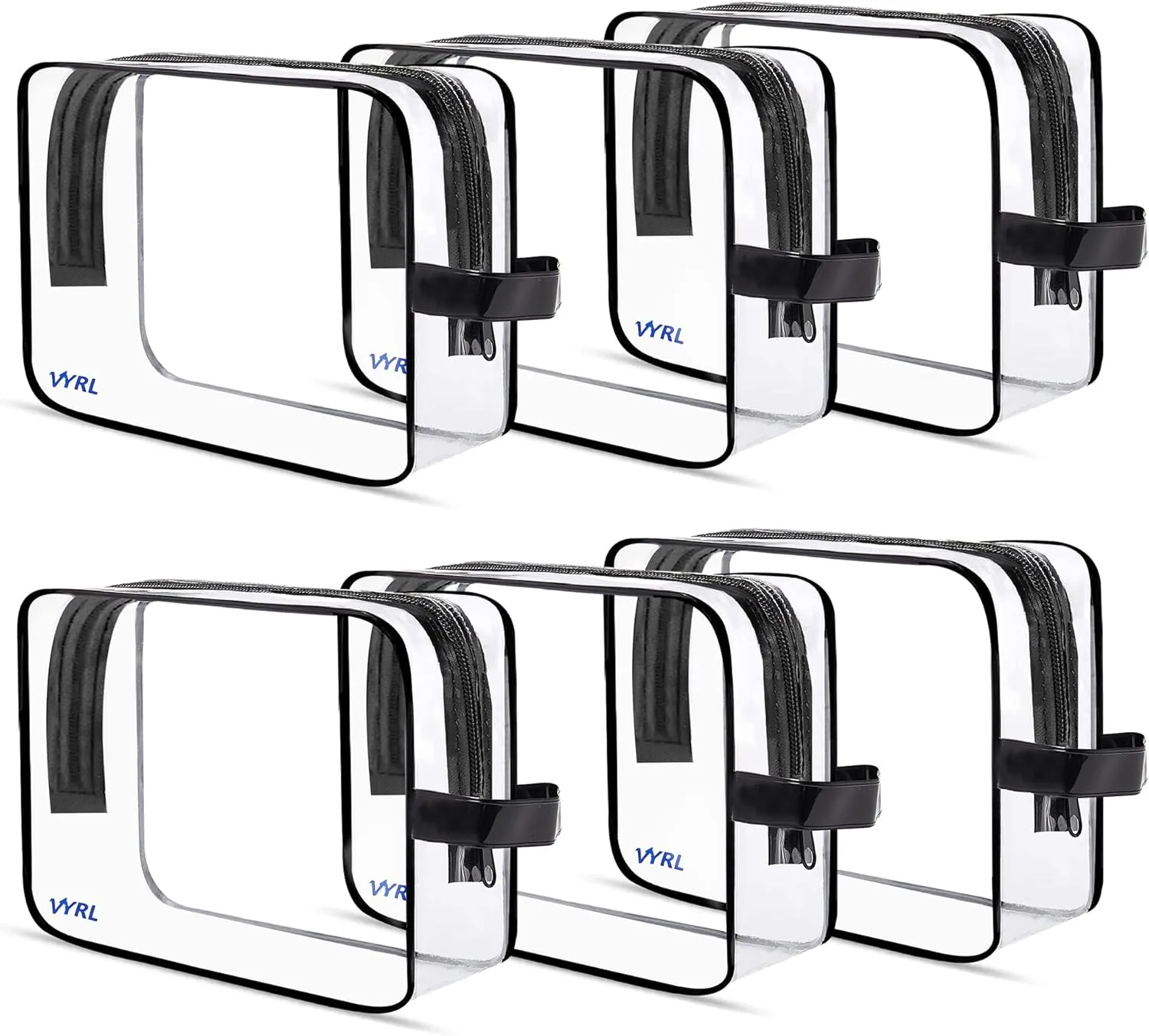 VYRL 6-Pack Clear Makeup Bags – Large Cosmetic Bags With Zipper TSA-Approved Quart-Size Toiletry Bags – Water-Resistant Durable PVC Pouches for Travel Essentials & Carry-On Accessories – Black