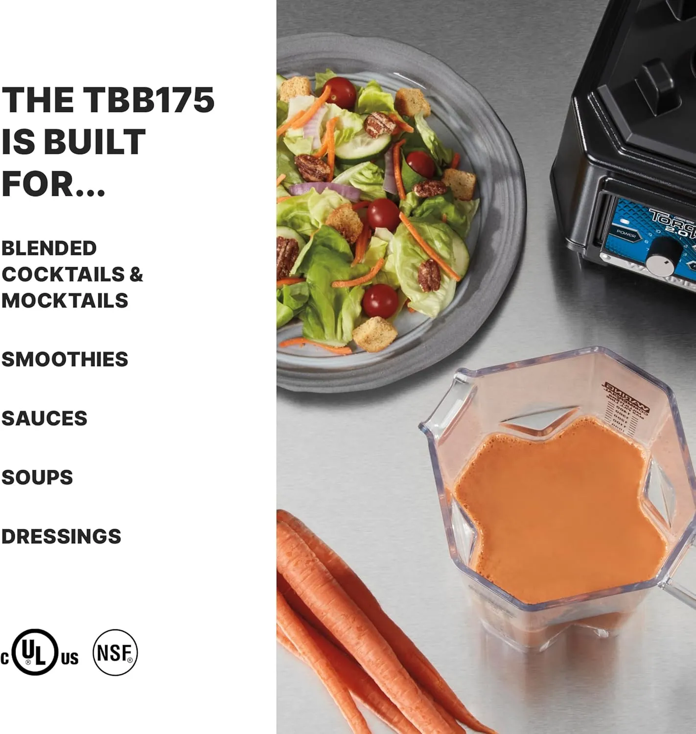 Waring Commercial TBB175 Variable Speed Control Countertop Blender, 9.13 x 11.5 x 15.75 inches, Black