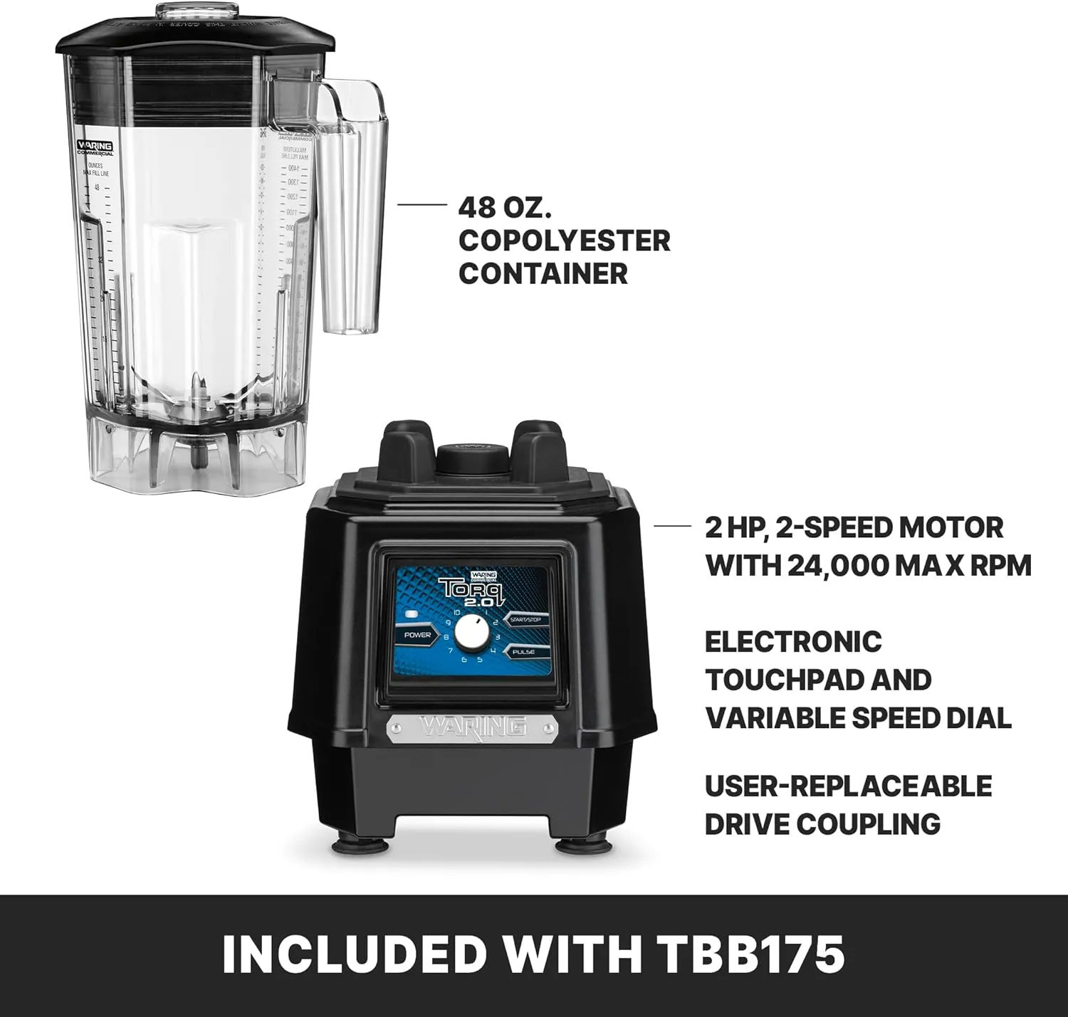 Waring Commercial TBB175 Variable Speed Control Countertop Blender, 9.13 x 11.5 x 15.75 inches, Black