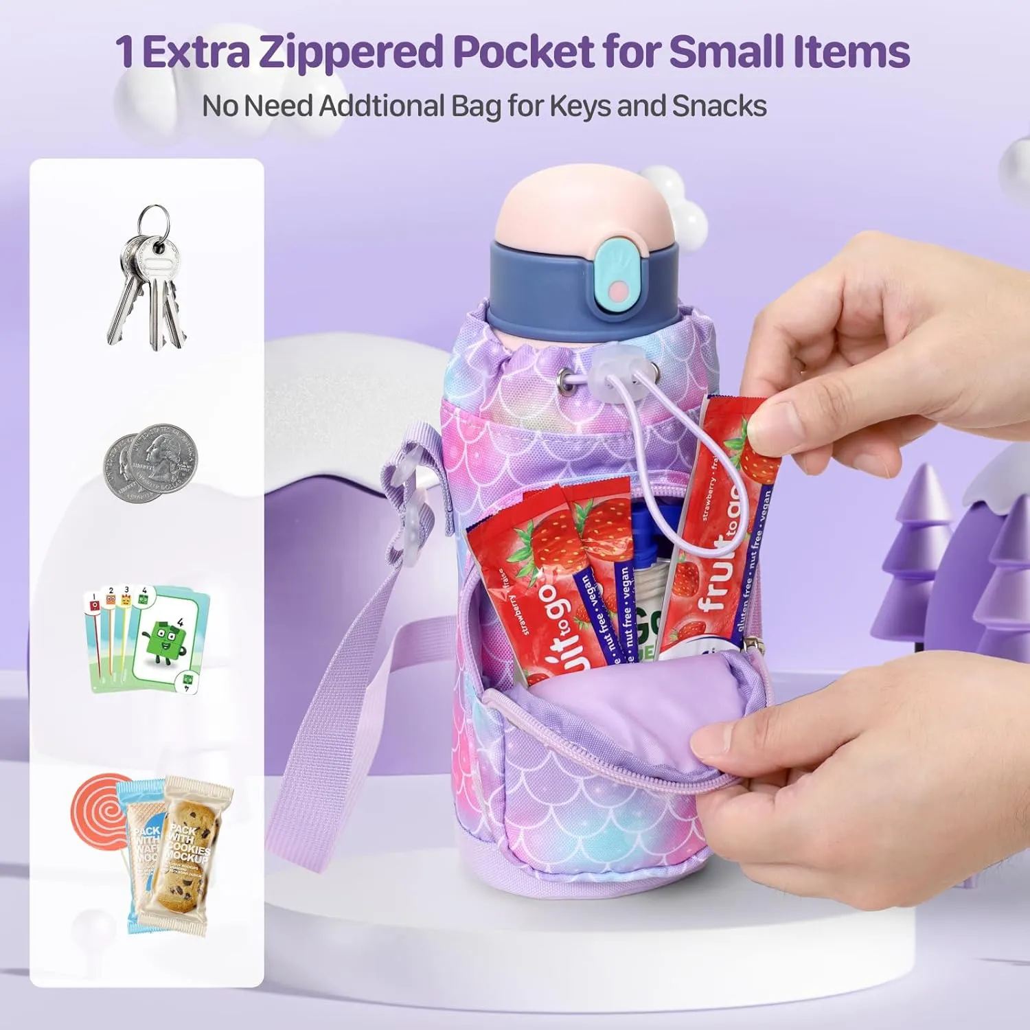 Water Bottle Carrier for Kids - Water Bottle Holder with Strap, Boys Girls Water Bottle Sling Bag for 10/12/14/16/18Oz Water Bottles Walking Hiking Camping (Height 8" Diameter 3.5")