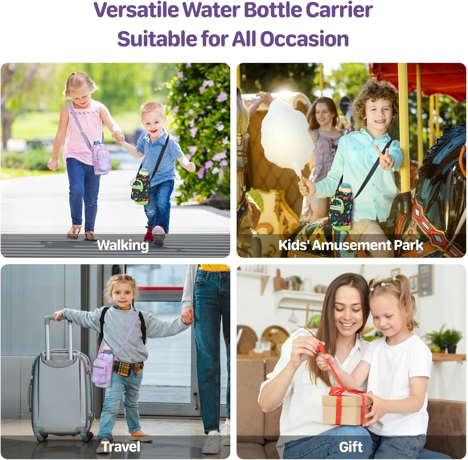 Water Bottle Carrier for Kids - Water Bottle Holder with Strap, Boys Girls Water Bottle Sling Bag for 10/12/14/16/18Oz Water Bottles Walking Hiking Camping (Height 8" Diameter 3.5")